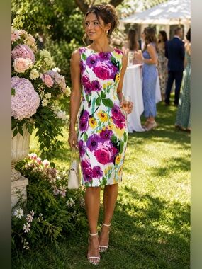 Floral Sheath Dress Bright Watercolor Garden Party Midi Dress M